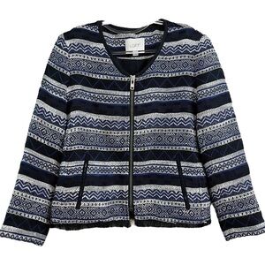 Ann Taylor LOFT Tweed Fringe Zip Southwest Aztec Jacket Navy Blue Black Size 4